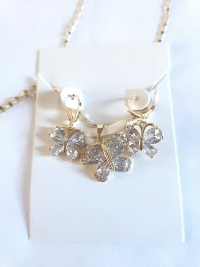 Gold Plated Butterfly Crystal Necklace and Earrings Set - White Crystal
